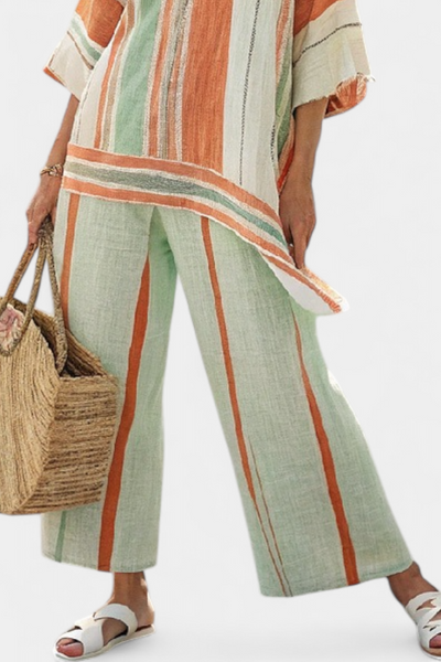 Elegant striped linen clothing set with wide-leg trousers