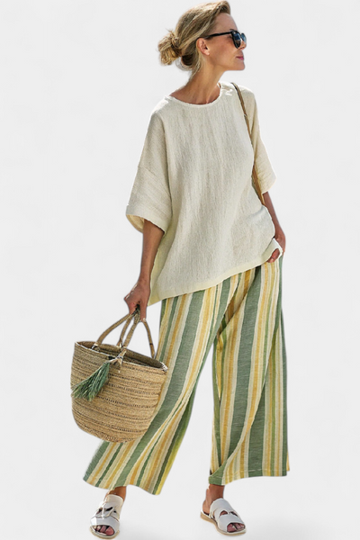Mediterranean linen set with olive green stripes