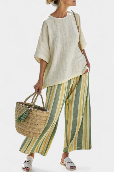 Mediterranean linen set with olive green stripes