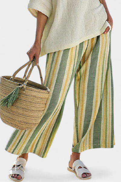Mediterranean linen set with olive green stripes