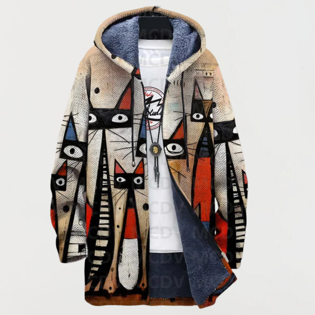Cardigan with abstract pattern and cat