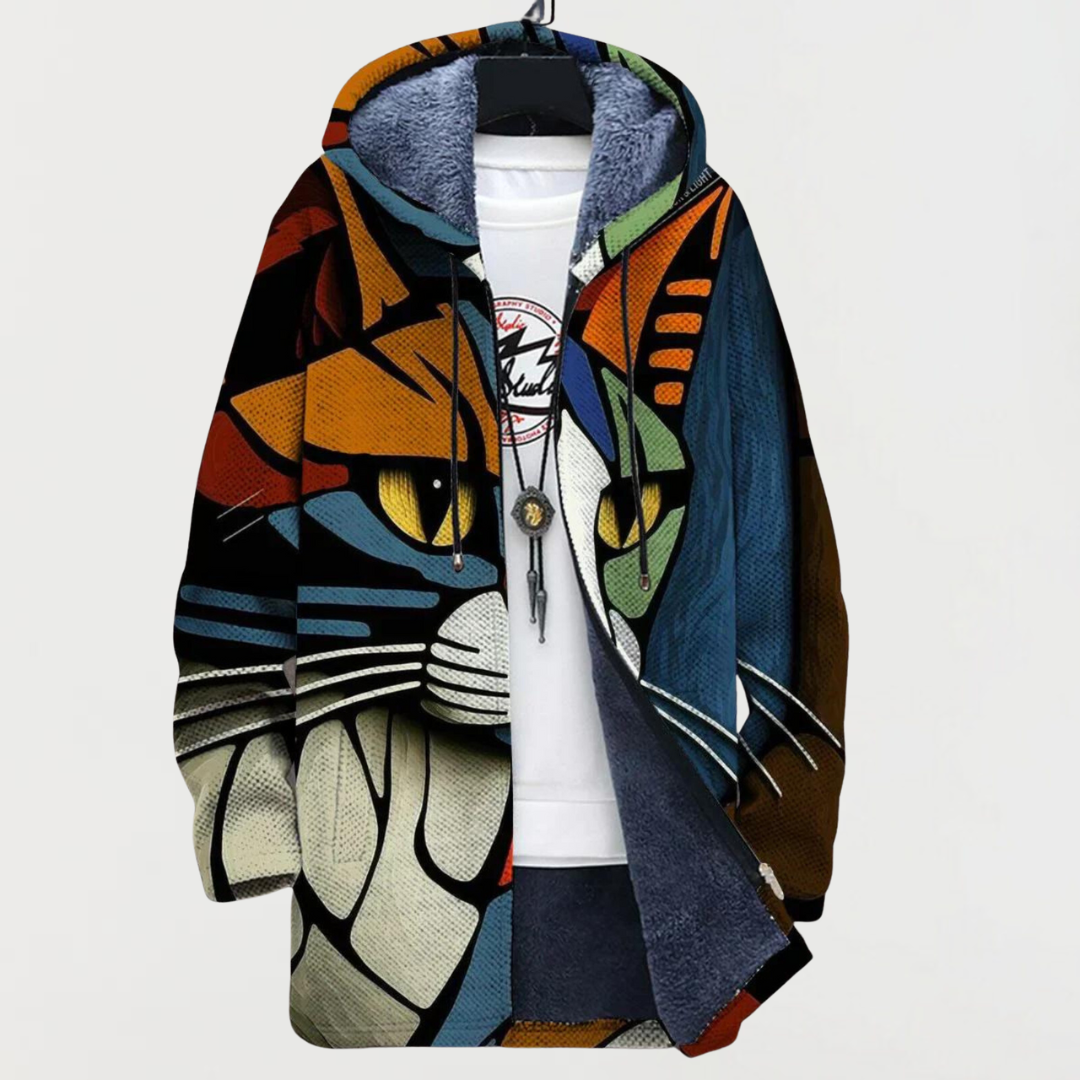 Cardigan with abstract pattern and cat