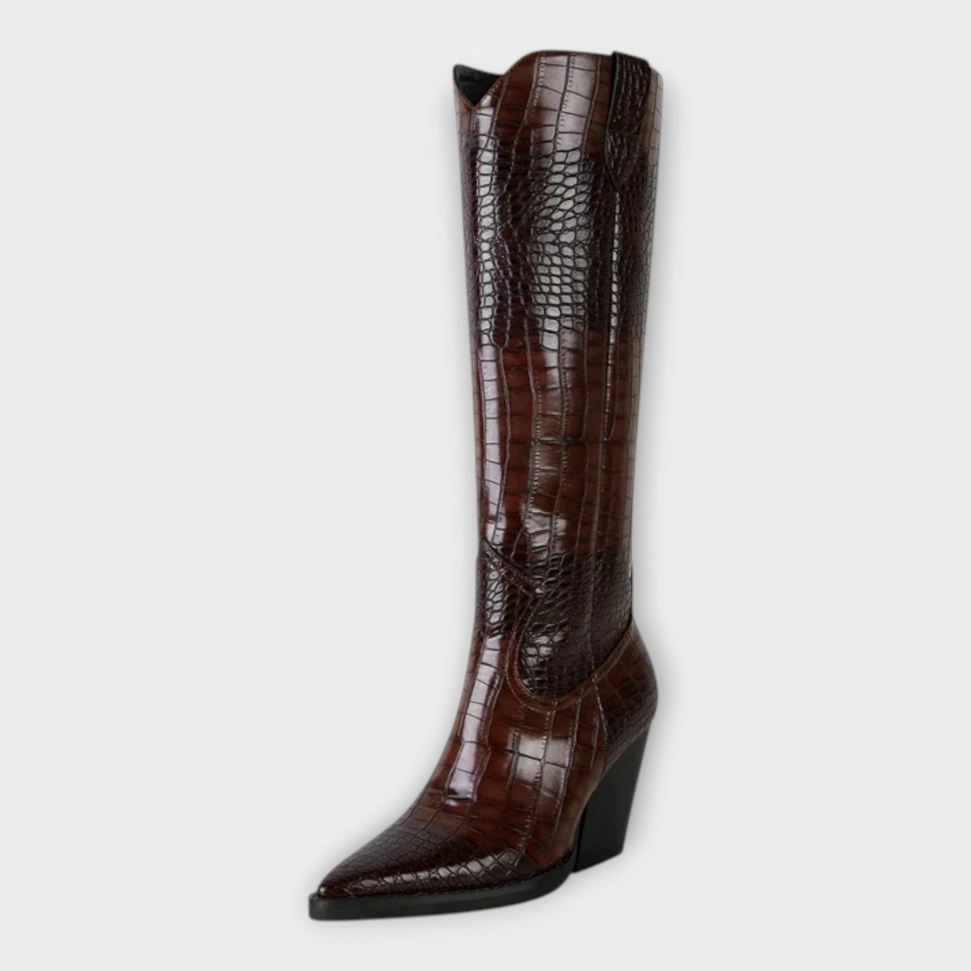 Knee-height leather boots with crocodile pattern