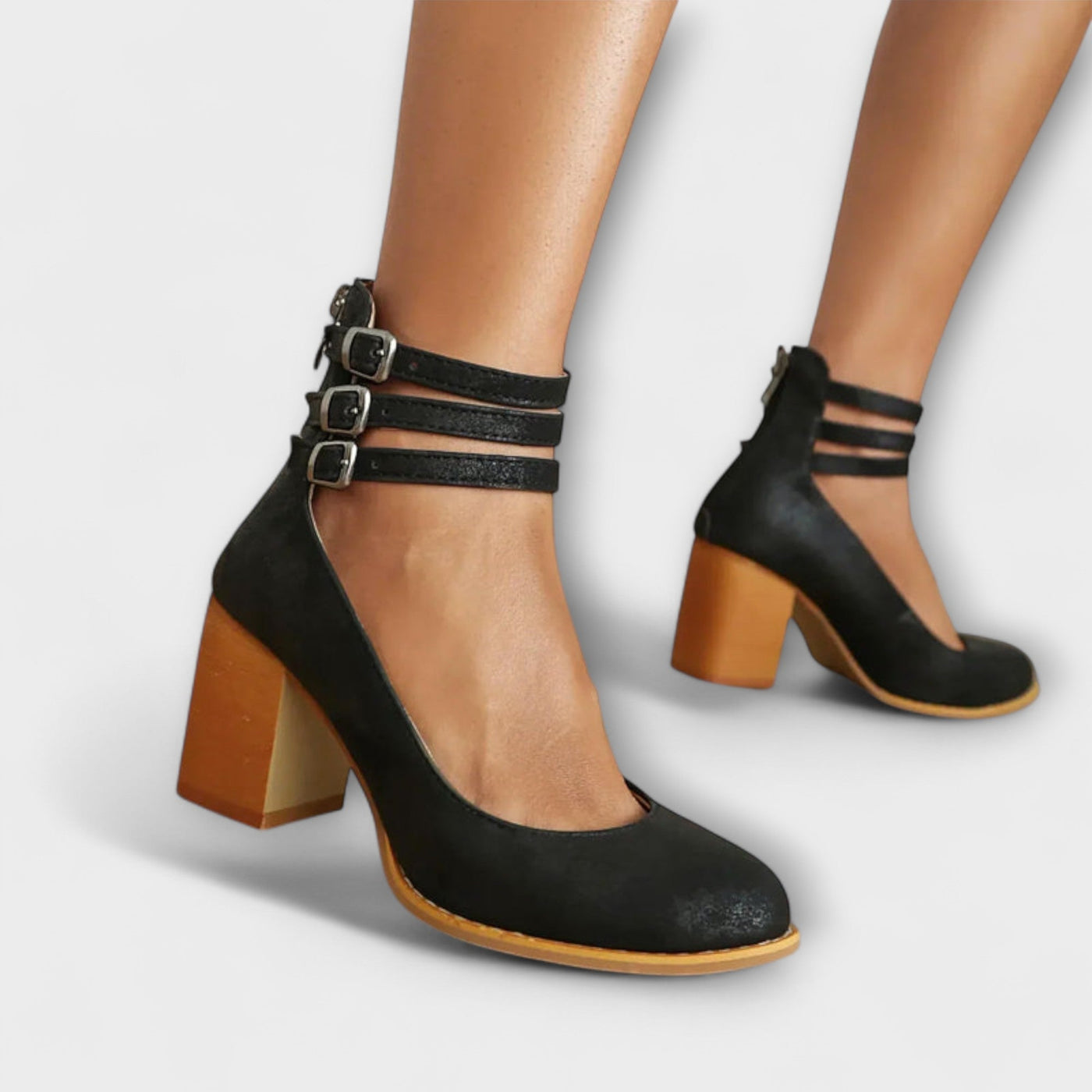 Chunky Block Heel Pumps with Triple Buckle Ankle Straps