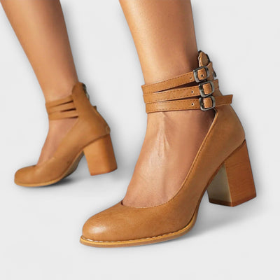 Chunky Block Heel Pumps with Triple Buckle Ankle Straps