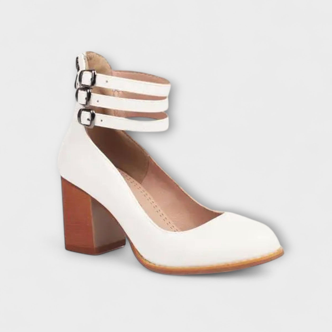 Chunky Block Heel Pumps with Triple Buckle Ankle Straps