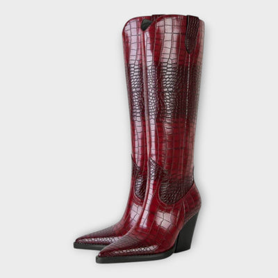 Knee-height leather boots with crocodile pattern