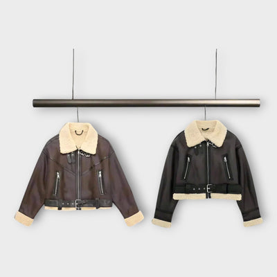 Short leather jacket with fur and belt