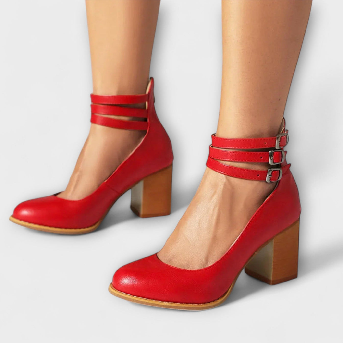 Chunky Block Heel Pumps with Triple Buckle Ankle Straps
