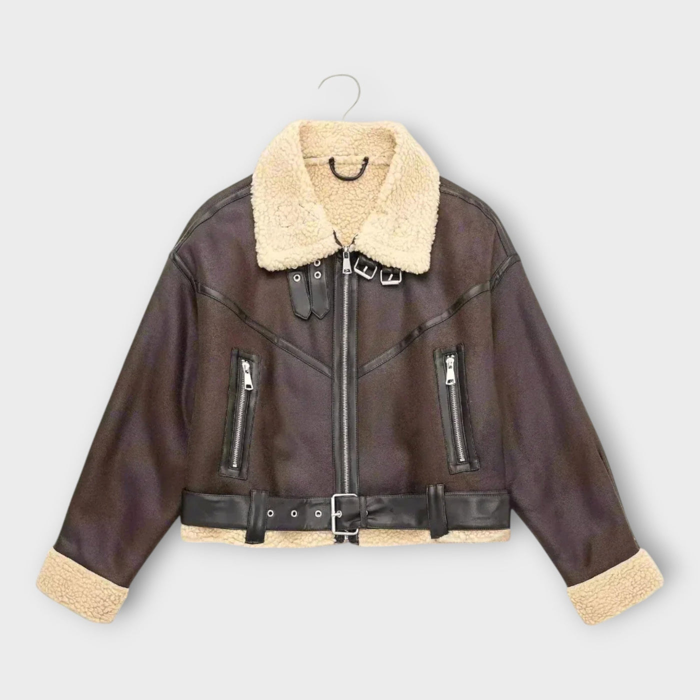 Short leather jacket with fur and belt