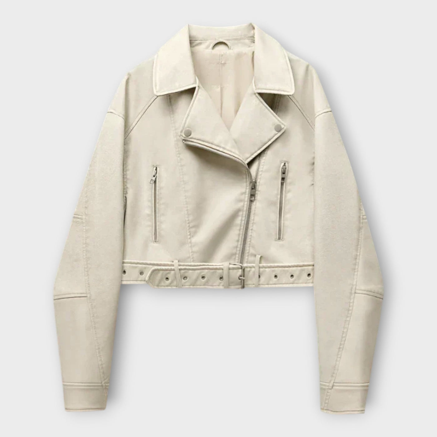 Fashionable leather jacket with belt