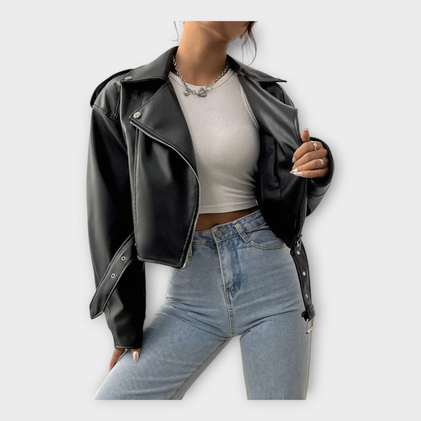 Short leather jacket with belt