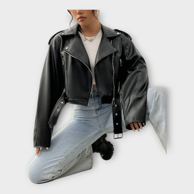 Short leather jacket with belt