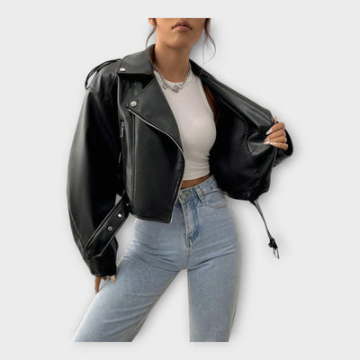 Short leather jacket with belt