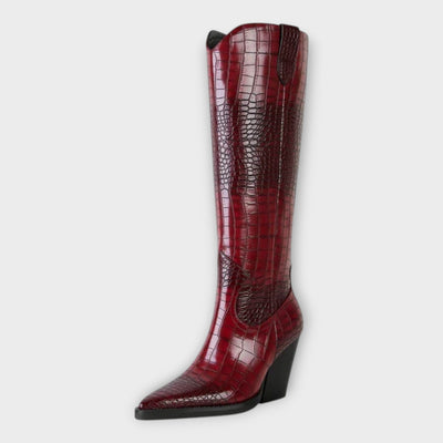 Knee-height leather boots with crocodile pattern