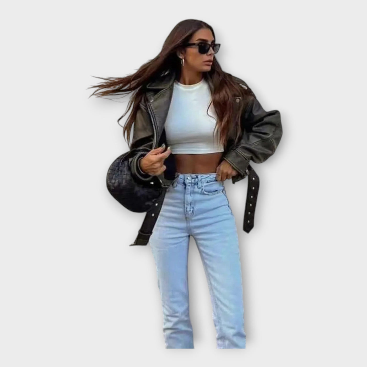 Fashionable leather jacket with belt