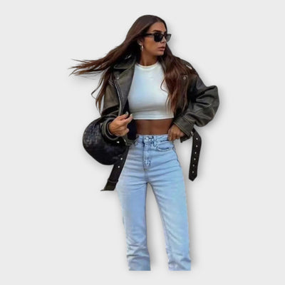 Fashionable leather jacket with belt