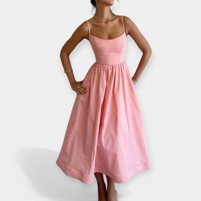 Midi dress with round neckline and shoulder straps