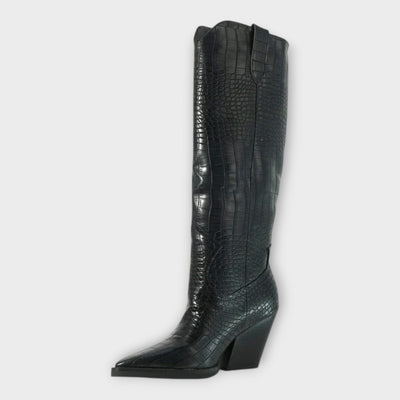 Knee-height leather boots with crocodile pattern