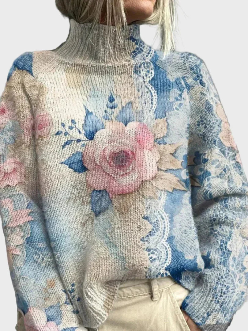 Knitted high-neck sweater with flower