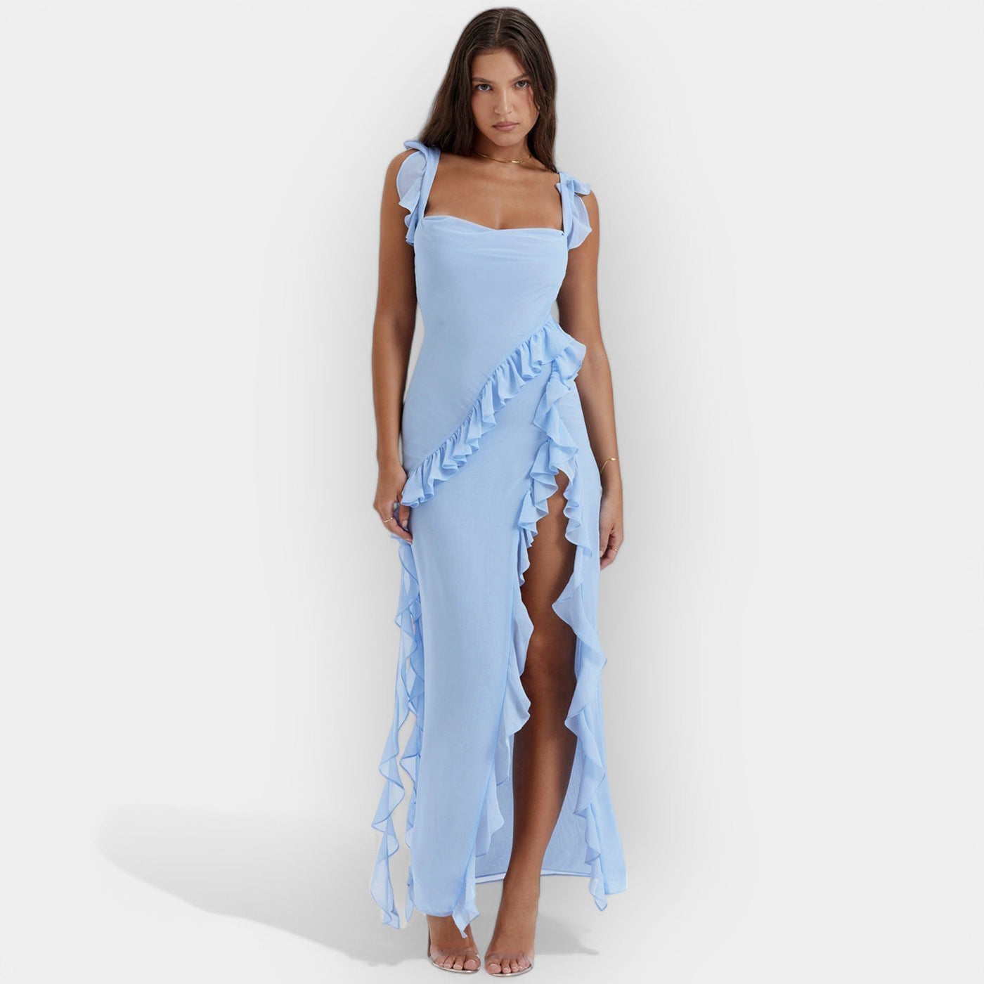 Dress with slit and ruffles