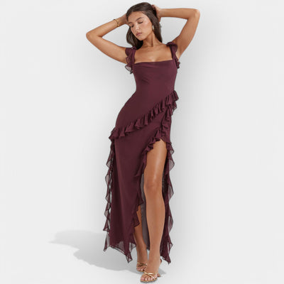 Dress with slit and ruffles