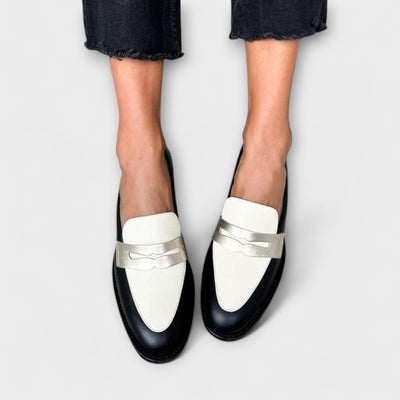 Two-tone metallic moccasins