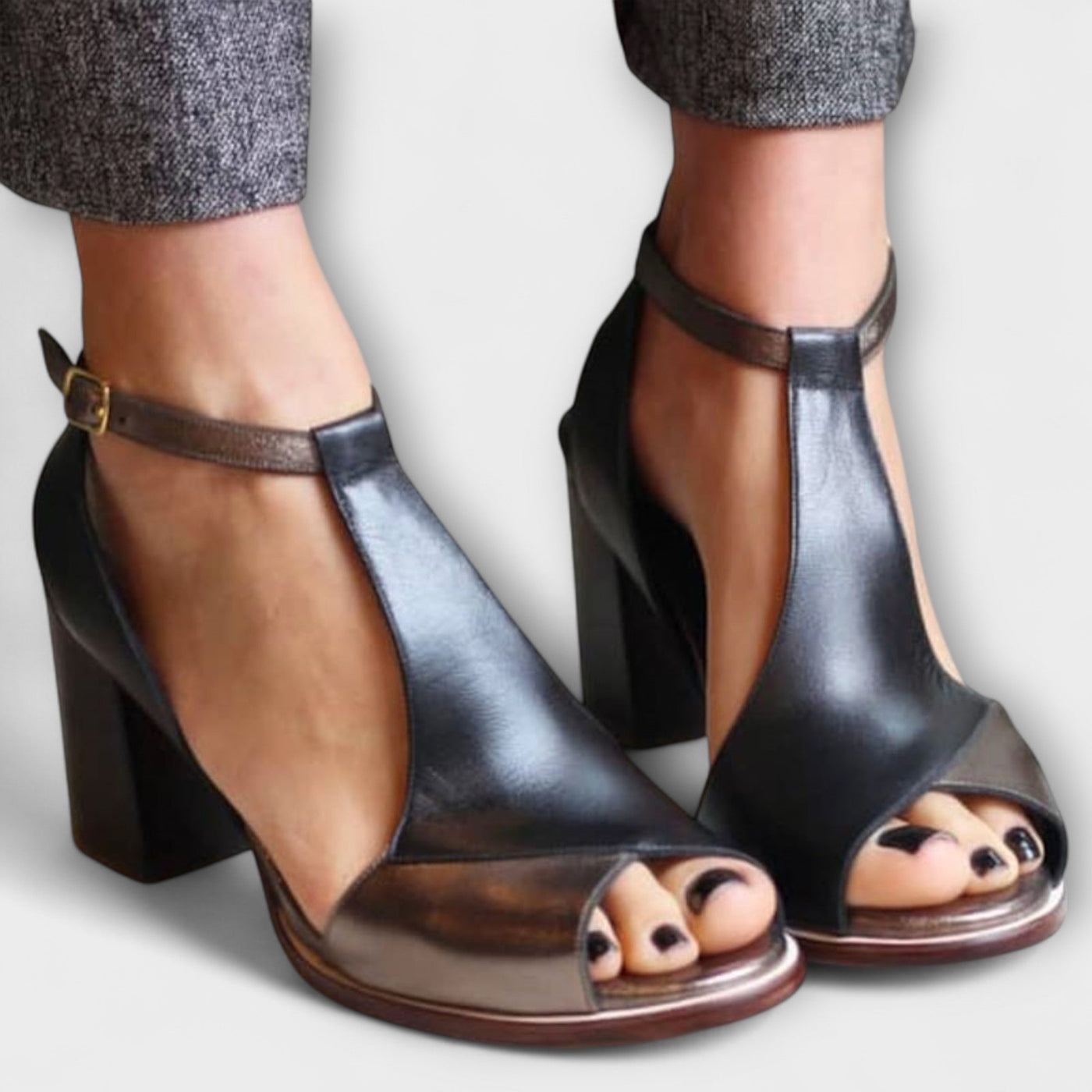 Metallic Block Heel T-Strap Sandals