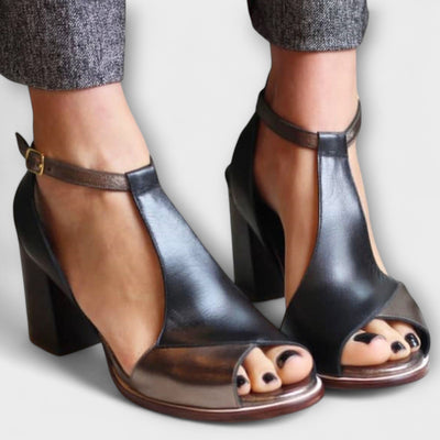 Metallic Block Heel T-Strap Sandals