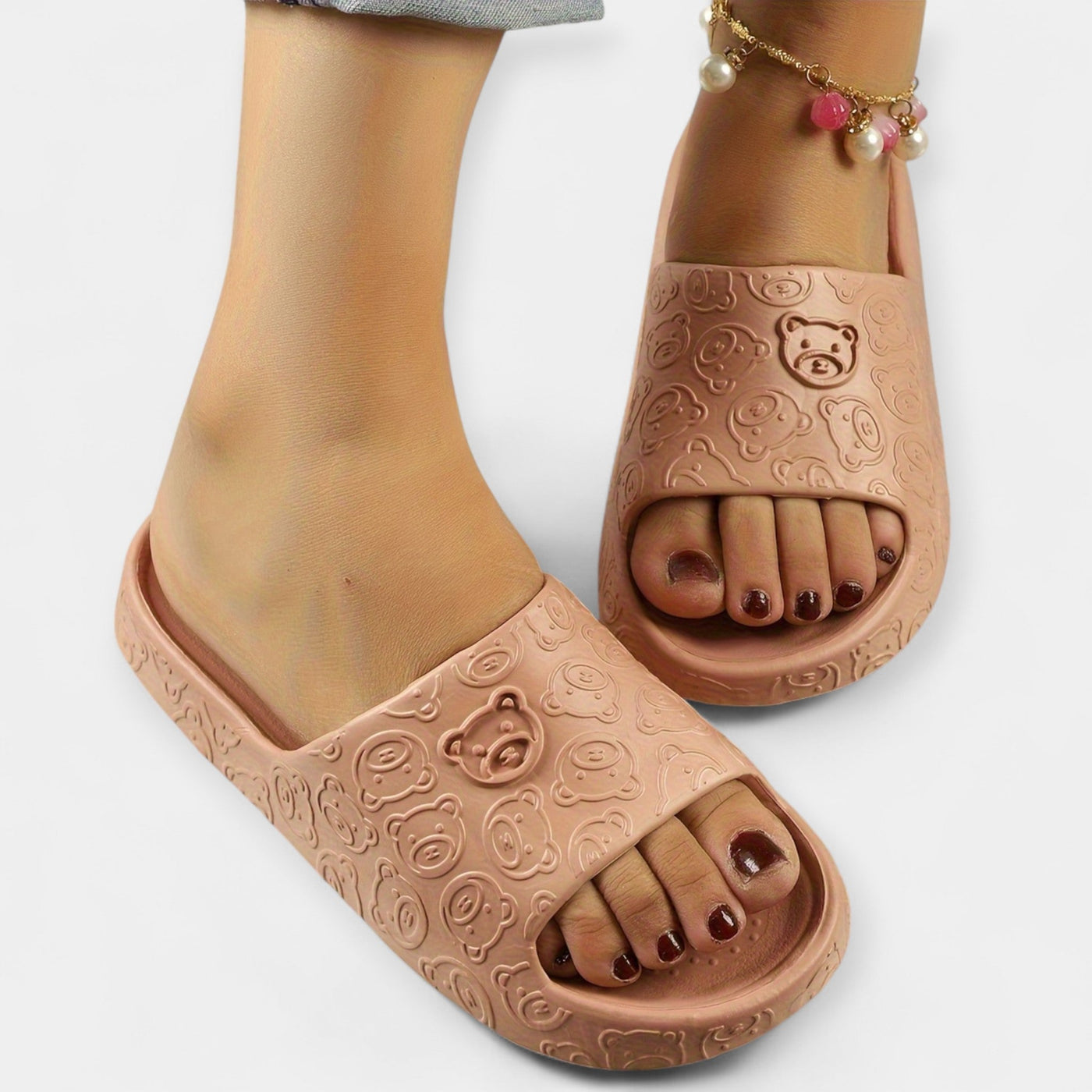 Playful Embossed Bear Pattern Slide Sandals
