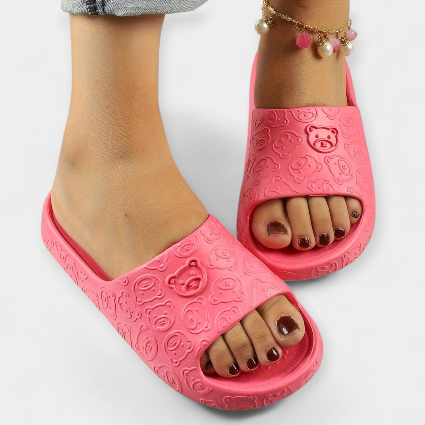 Playful Embossed Bear Pattern Slide Sandals