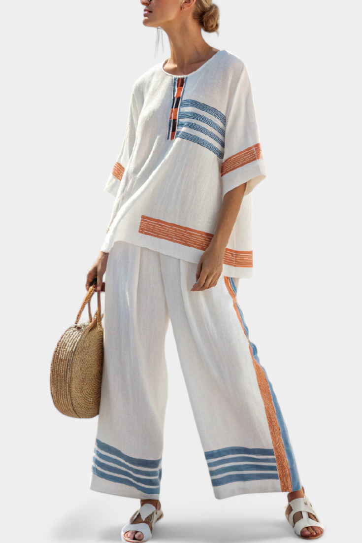 Ethnic set in white with blue and orange details