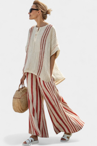 Stunning two-piece set with natural texture and red stripes
