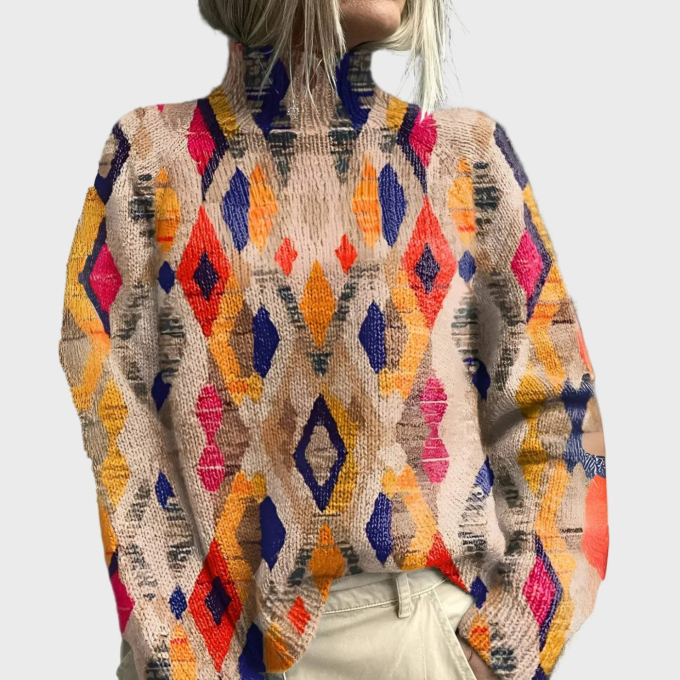 Knitted high-neck blouse with geometric pattern