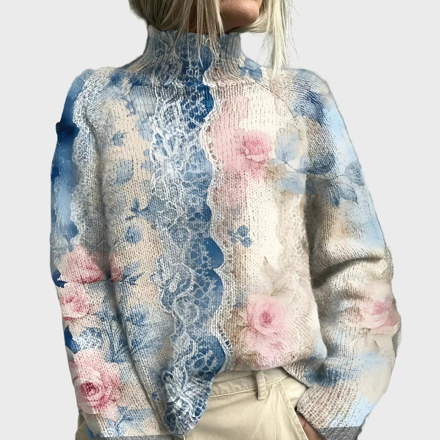 Knitted high-neck sweater with an elegant floral pattern